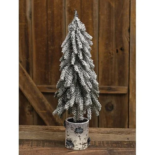 Christmas Snow Covered Village Flocked Weeping Pine Tree In Birch Pot 20"