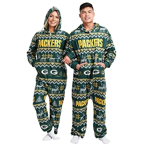 Christmas Santa Surprise FOCO Green Bay Packers NFL Ugly Pattern One Piece Pajamas - XL