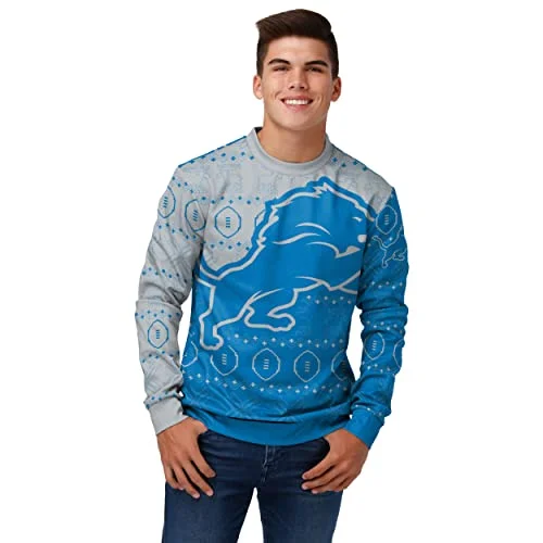 Christmas Winter Joy FOCO Men's NFL Printed Primary Logo Lightweight Holiday Sweater, Detroit Lions, X-Large