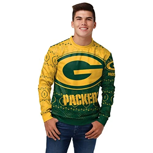 Christmas Festive Lights FOCO Men's NFL Printed Primary Logo Lightweight Holiday Sweater, Green Bay Packers, X-Large