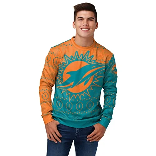 Christmas Gifting Joy FOCO Men's NFL Printed Primary Logo Lightweight Holiday Sweater, Miami Dolphins, Medium