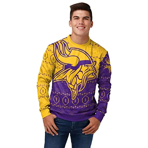 Christmas Cozy Treats FOCO Men's NFL Printed Primary Logo Lightweight Holiday Sweater, Minnesota Vikings, Medium