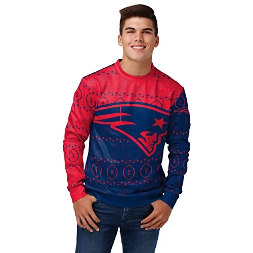 Christmas Festive Atmosphere FOCO Men's NFL Printed Primary Logo Lightweight Holiday Sweater, New England Patriots, Medium