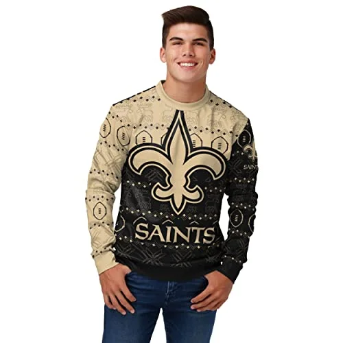 Christmas Twinkling Lights FOCO Men's NFL Printed Primary Logo Lightweight Holiday Sweater, New Orleans Saints, Medium