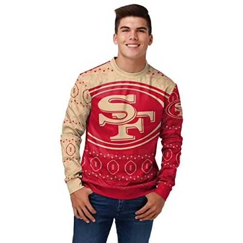 Christmas Red And White FOCO Men's NFL Printed Primary Logo Lightweight Holiday Sweater, San Francisco 49ers, Medium