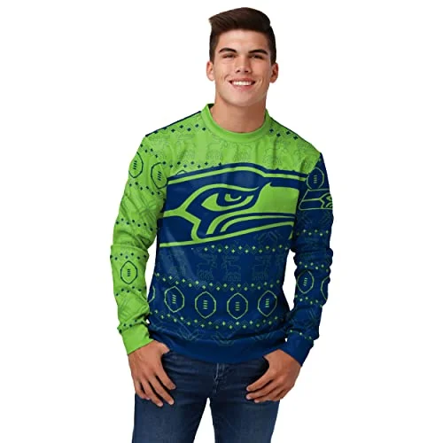 Christmas Homemade Treats FOCO Men's NFL Printed Primary Logo Lightweight Holiday Sweater, Seattle Seahawks, Medium