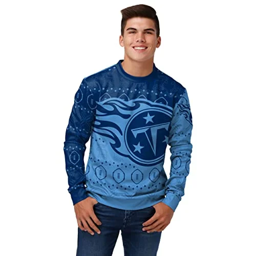 Christmas Reindeer Bells FOCO Men's NFL Printed Primary Logo Lightweight Holiday Sweater, Tennessee Titans, Medium