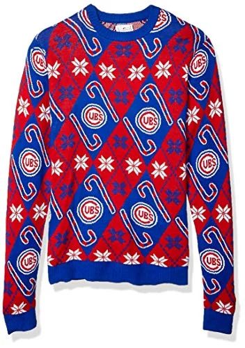 Christmas Fireplace Cozy FOCO MLB Chicago Cubs Women's Candy Cane Repeat Crew Neck Sweater, Medium, Team Color