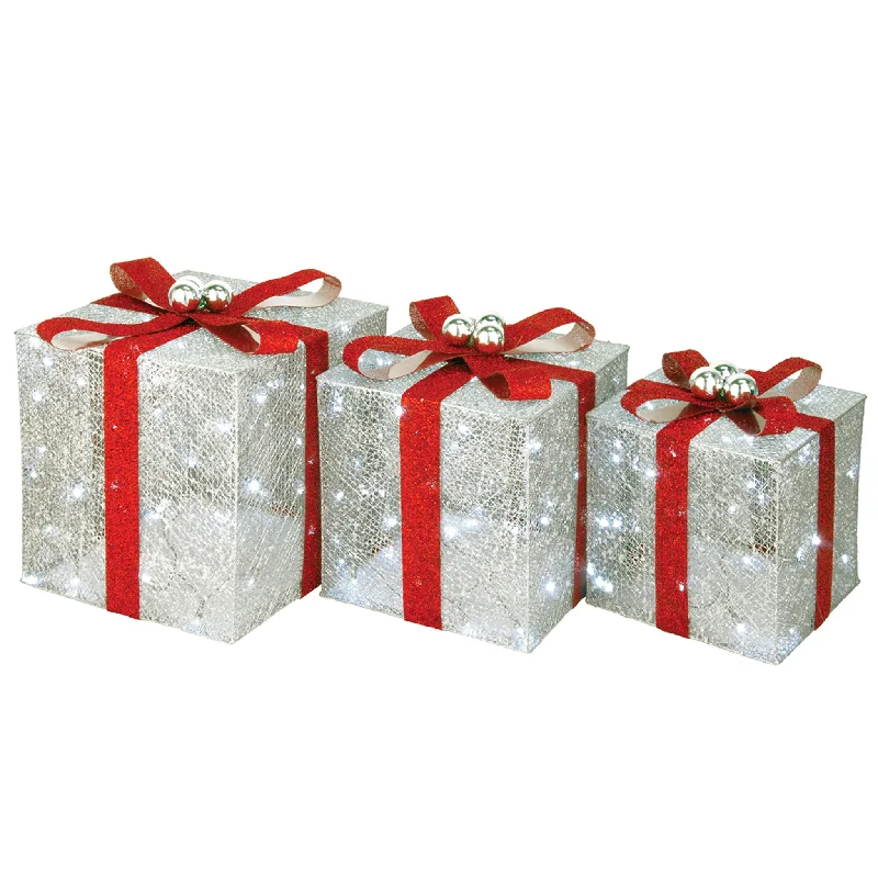 Christmas Cozy Evenings Pre-Lit Silver Gift Boxes, Set of Three, White Lights