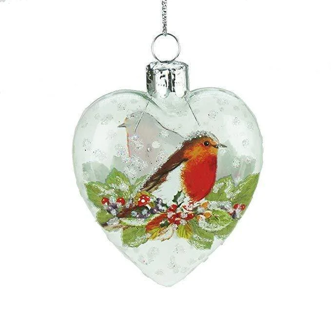 Glass Heart Bauble with Robin Feature