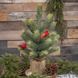 Christmas Sweet Treats Glittered Pine Tree With Cardinals in Burlap Base