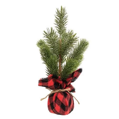 Christmas Festive Lights Glittered Pine Tree with Red/Black Buffalo Check Base