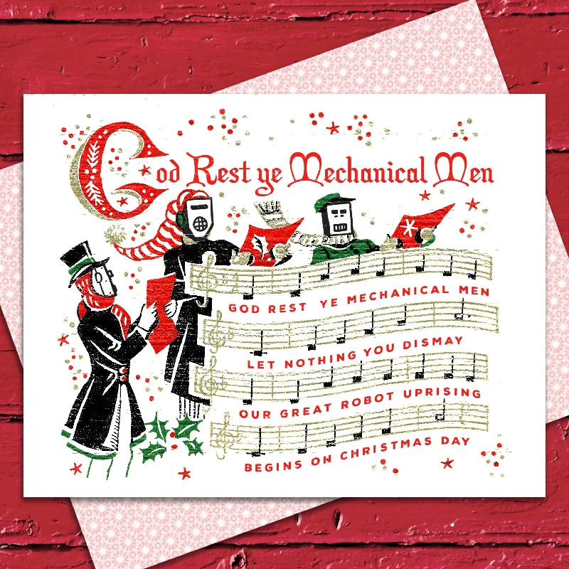 Christmas Fairy Lights God Rest Ye Mechanical Men Holiday Card