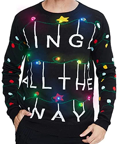 Christmas Cozy Sweaters Goodstoworld Mens Womens Light Up Ugly Christmas Sweaters Tacky Black Knitted Pullover Jumper Led String Matching Xmas Funny Sweatshirt for Couples Gift Gingle All The Way