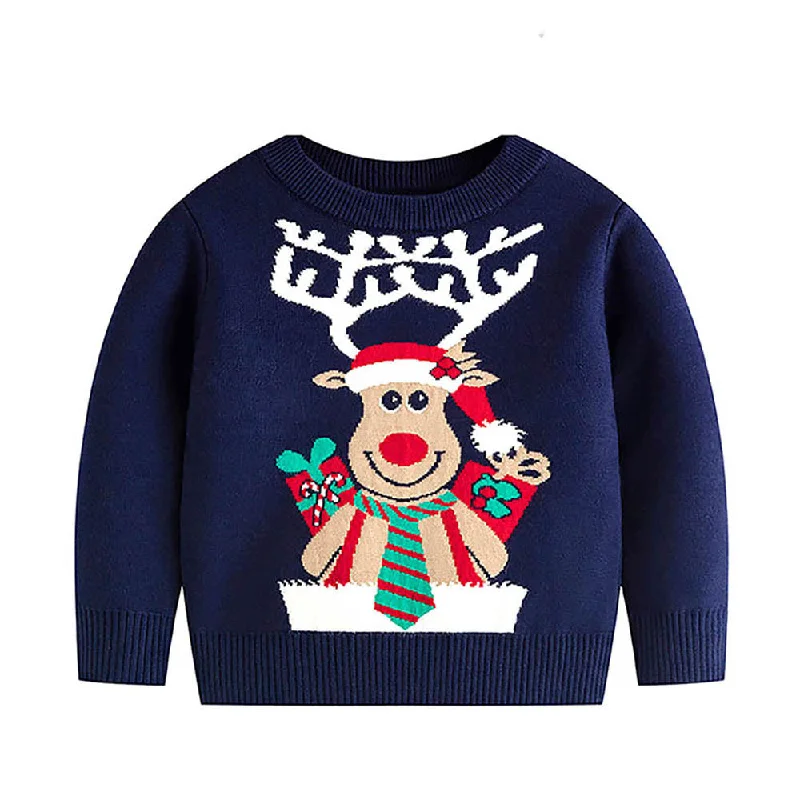 Christmas Family Fun Night Green Tie Reindeer Knitted Christmas cardigan Sweater for Kids, Navy