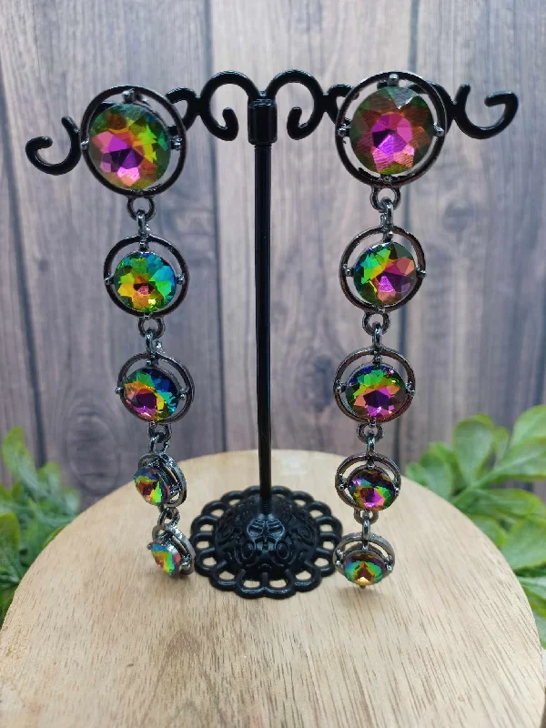 Christmas Winter Joy Gunmetal Style Earrings w/ Oil Spill Rhinestones