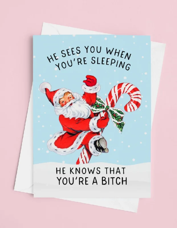 Christmas Winter Magic He Sees You When You're Sleeping Funny Santa Christmas Card