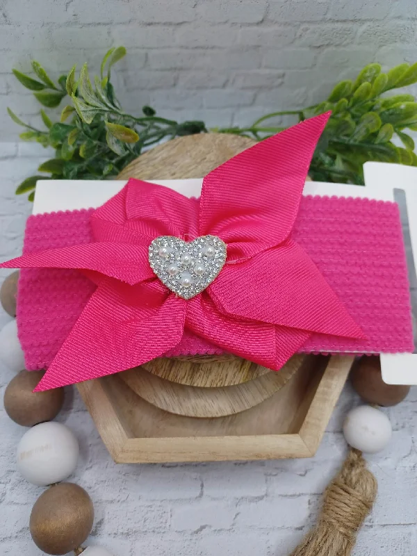 Christmas Joyful Laughter Hot Pink Baby Headband w/ Rhinestone & Pearl Heart Charm