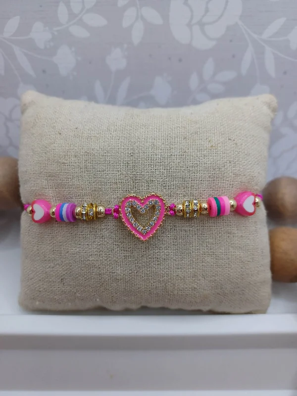 Christmas Candle Warmth Hot Pink Beaded Rhinestone Heart Bracelet