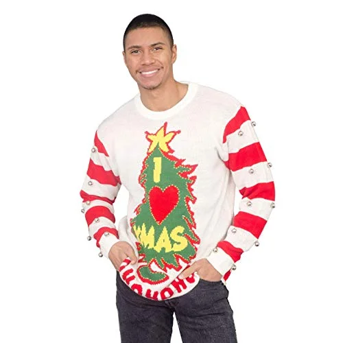 Christmas Cozy Weather I Love Xmas HOHOHO Light Up (LED) and Bells on Sleeve Ugly Christmas Sweater White