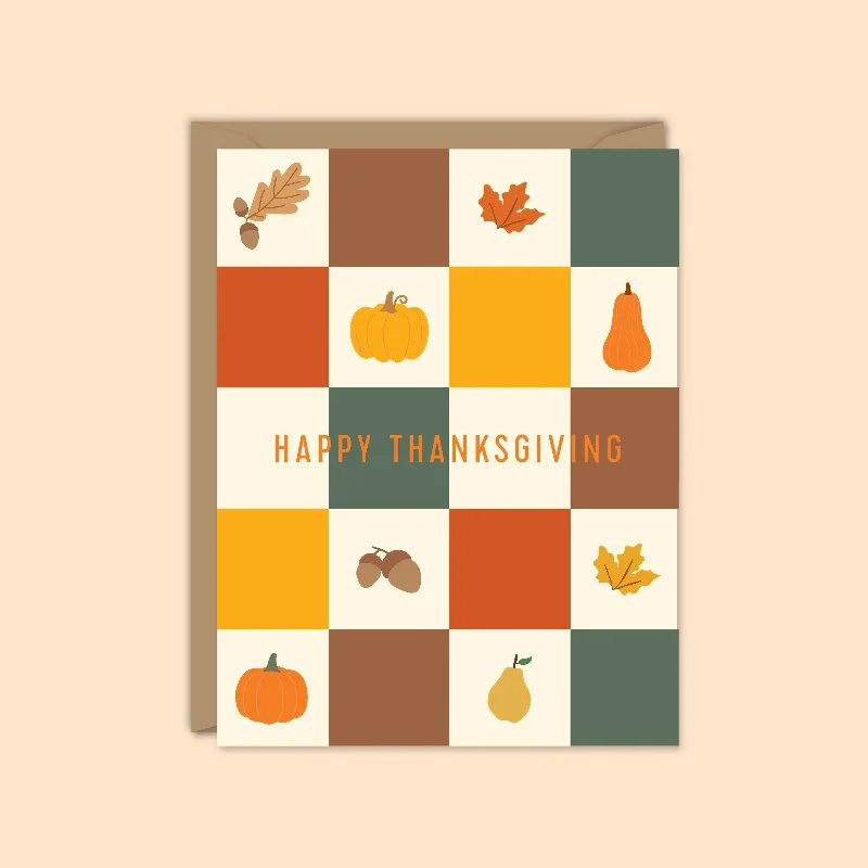 Christmas Green Wreath Happy Thanksgiving Fall Checkerboard Card