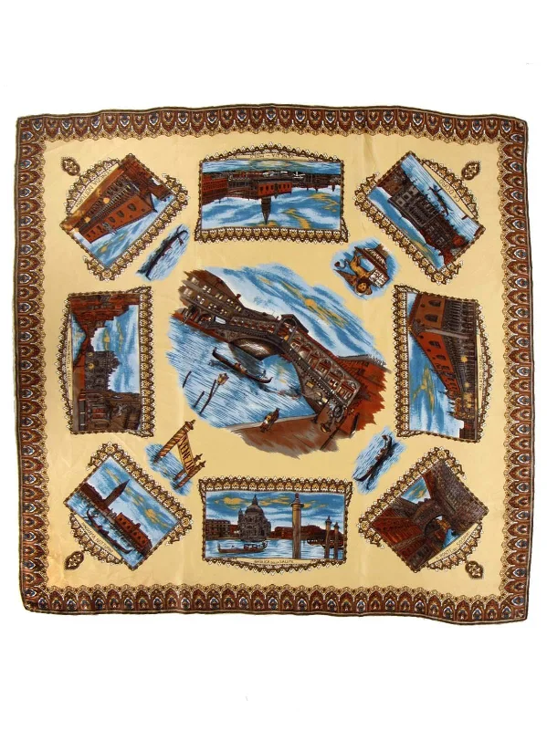 Christmas Snow Covered Village Italian Souvenir Venice Print Vintage Scarf