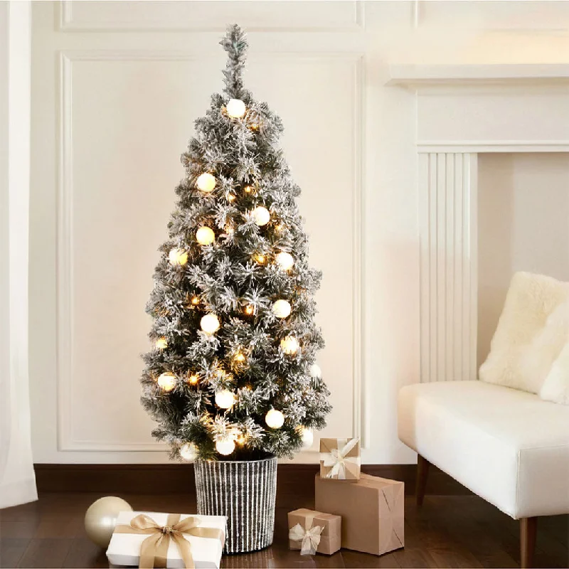 Christmas Fireplace Ambience 4ft 1.2m 80 LED Christmas Tree Potted Snowy Xmas Tree