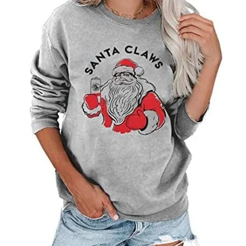 Christmas Cozy Evenings JINTING Christmas Sweatshirt for Women Christmas Santa Claus Pullover Casual Long Sleeve Funny Graphic Shirts (Gray, Largee)