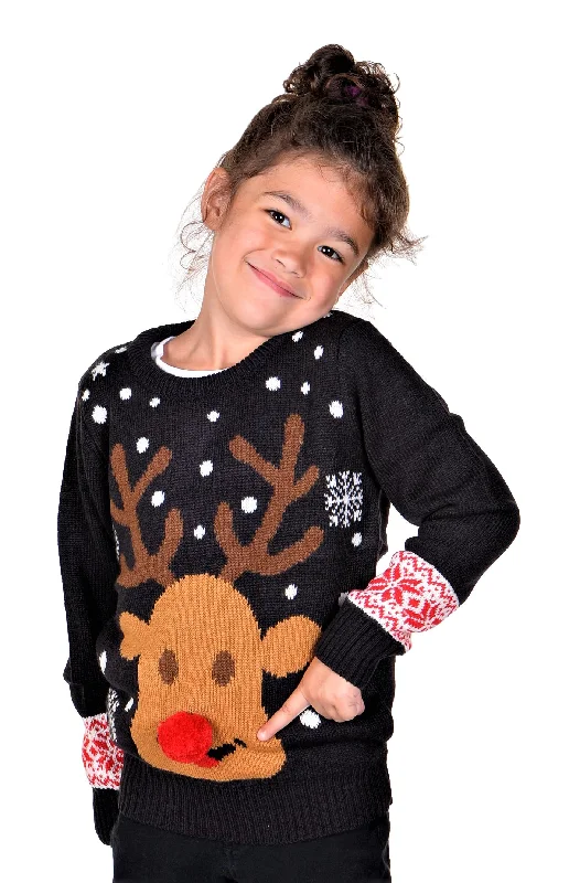 Christmas Jolly Surprises KESIS Children Long Sleeve Rudolph With 3D Nose Ugly Christmas Pullover Sweater Black
