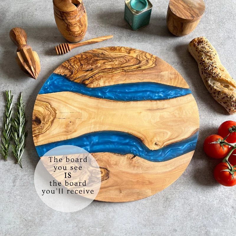 Christmas Joyful Laughter Large Olive Wood Serving River Board with Dual Blue Veins - Dia 14" (35cm)