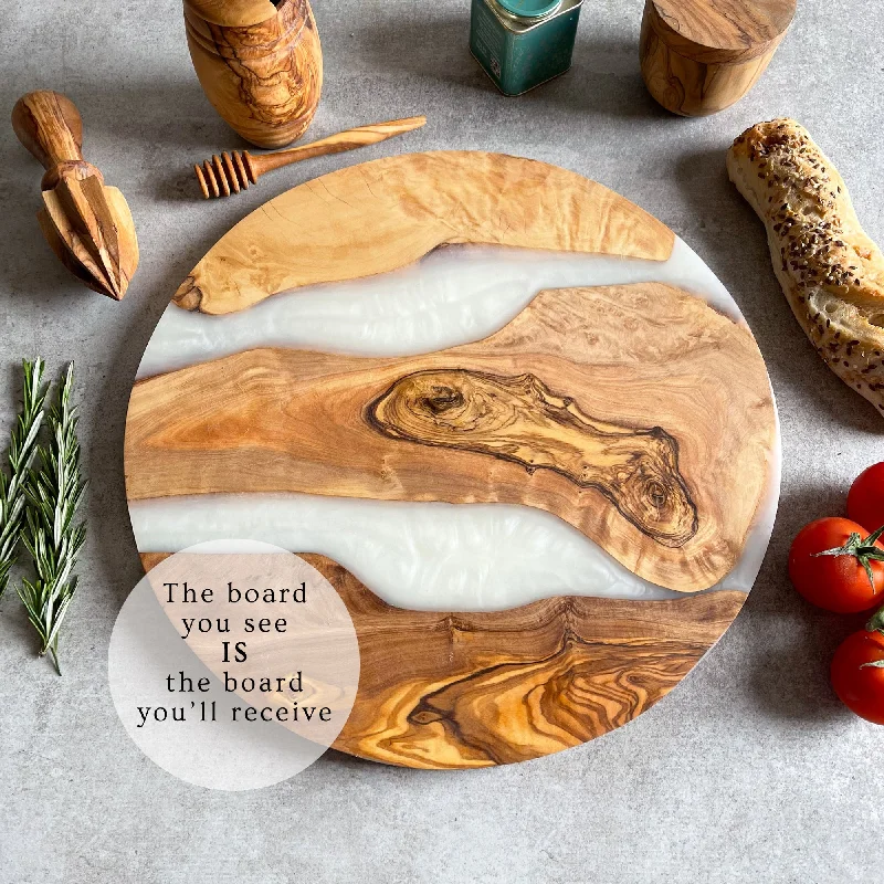 Christmas Classic Festivities Large Olive Wood Serving River Board with White Resin Veins - Dia 14" (35cm)