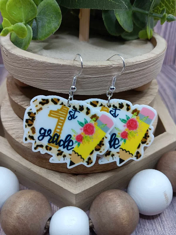 Christmas Evergreen Trees Leopard & Pencil 1st Grade Earrings
