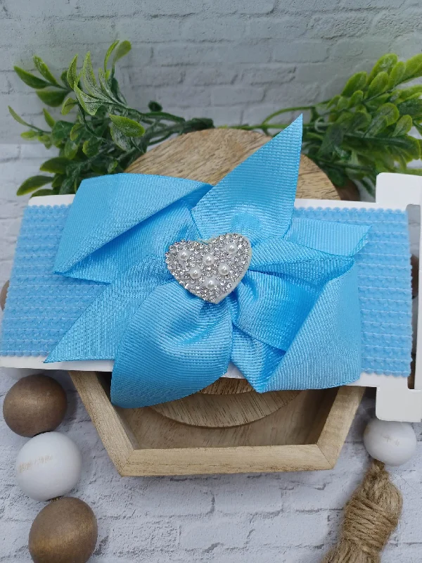 Christmas Pine Tree Farm Light Blue Baby Headband w/ Rhinestone & Pearl Heart Charm