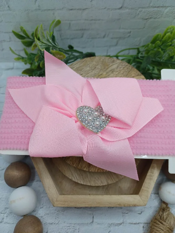 Christmas Star Gazing Light Pink Baby Headband w/ Rhinestone & Pearl Heart Charm