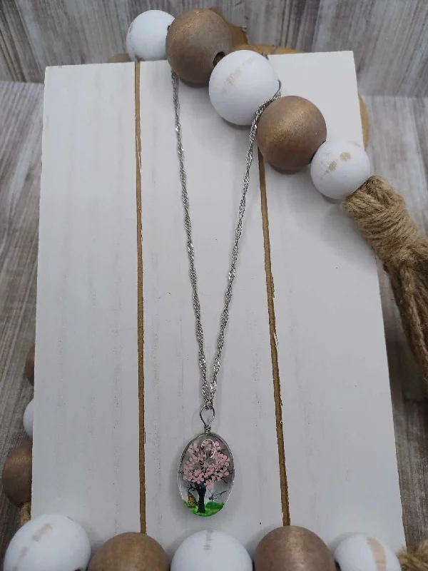 Christmas Santa Surprise Light Pink Tree Pendant Necklace on a Silver Chain