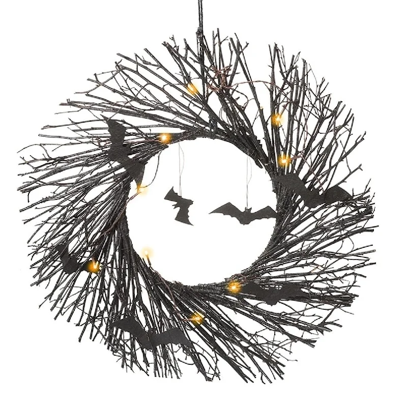 Light Up Bat Design Twig Wreath Halloween Decoration