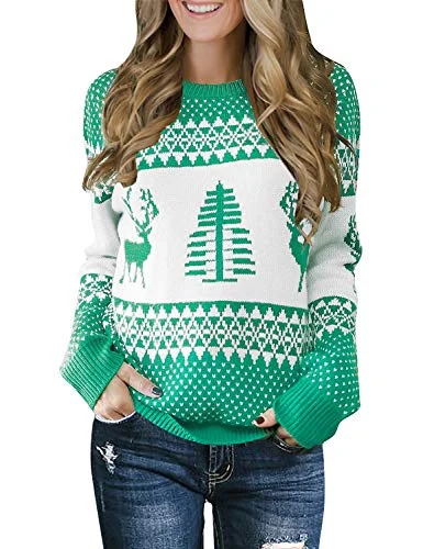 Christmas White Snow LookbookStore Women's Green Long Sleeves Ugly Christmas Tree Reindeer Winter Holiday Knit Sweater Pullover Size M 8 10