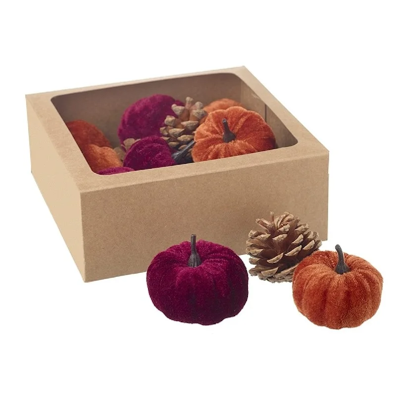 Maroon and Rustic Orange Autumnal Pinecone and Plush Pumpkin Decorations