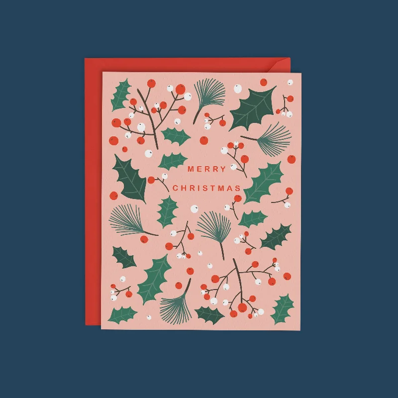 Christmas Snow Covered Village MERRY CHRISTMAS- WINTER BERRY HOLLY CARD
