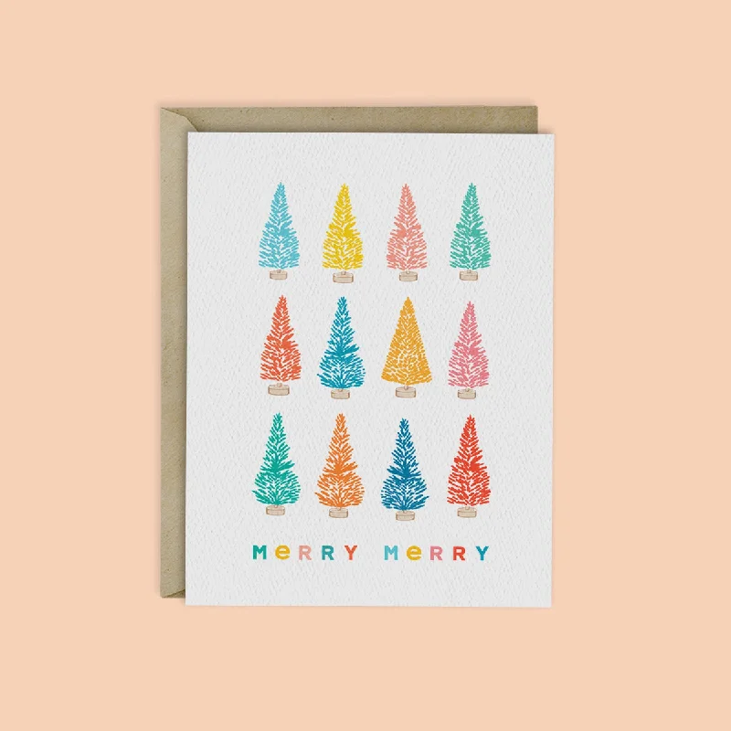 Christmas Holiday Goodies MERRY MERRY - RAINBOW BOTTLE BRUSH TREES CARD