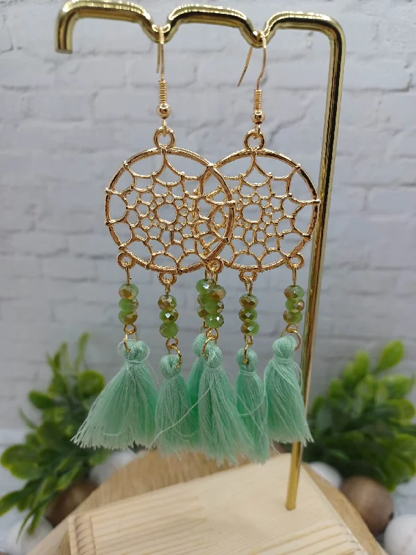 Christmas Village Scene Mint Dreamcatcher Beaded & Tassel Earrings