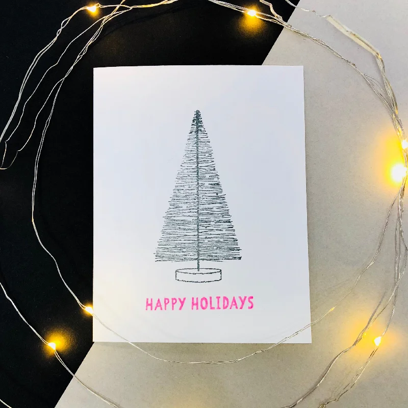Christmas Festive Atmosphere MODERN HAPPY HOLIDAYS Card,Hand Stamped Bottle Brush Tree