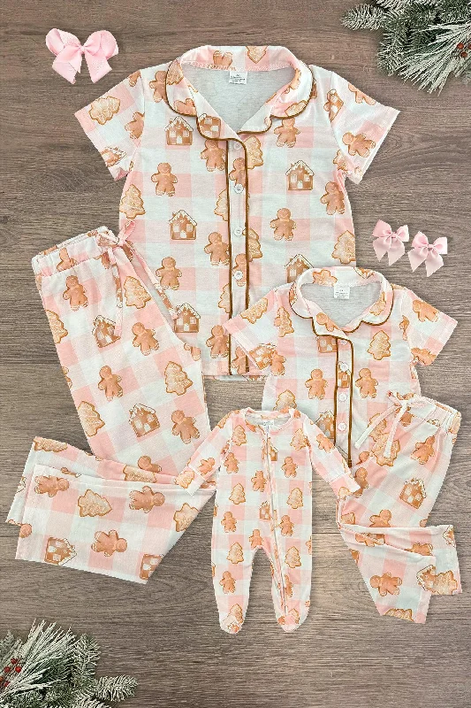 Christmas Tree Snowflakes Mom & Me - Pink Checkered Gingerbread Pajamas