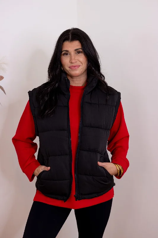 Christmas Santa Workshop Mountain Views Black Puffer Vest
