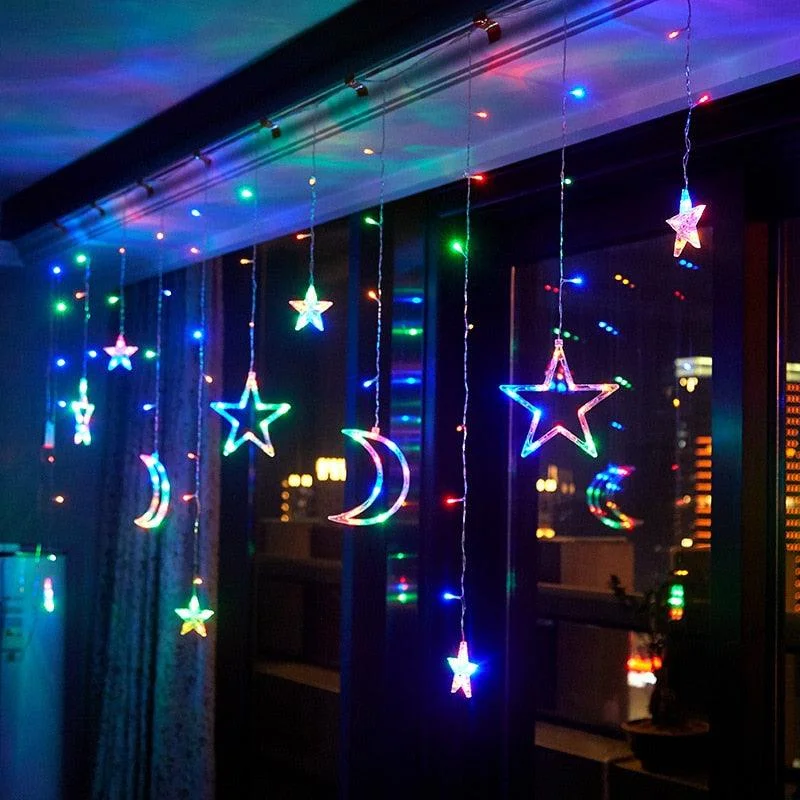 Christmas Warm Drinks Multi color Star Moon Curtain Lights Christmas Tree