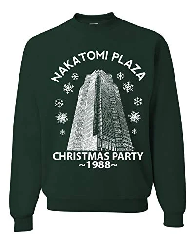 Christmas Fireplace Cozy Nakatomi Plaza Christmas Party 1988 Classic McClane Xmas Ugly Christmas Sweater Crewneck Graphic Sweatshirt, Forest Green, Large