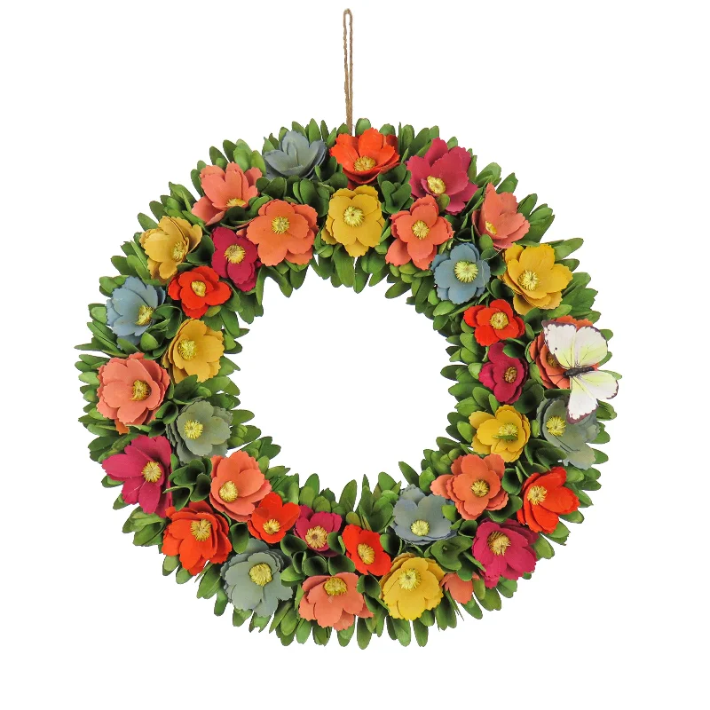 Christmas Evergreen Trees Artificial Wreath Decoration, Multi, Lightweight Foam Base, Decorated with Colorful Assorted Wood Cut Flowers, Flowing Green Leaves, Spring Collection, 20 Inches Christmas Evergreen Trees Artificial Wreath Decoration, Multi, Lightweight Foam Base, Decorated with Colorful Assorted Wood Cut Flowers, Flowing Green Leaves, Spring Collection, 20 Inches