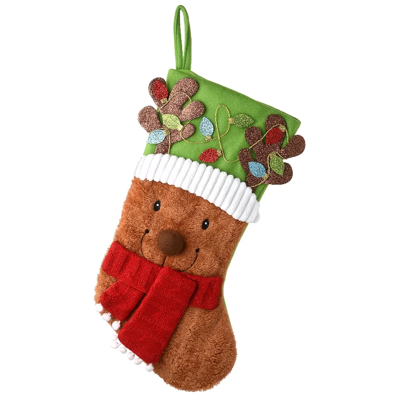 Christmas Gingerbread Delights 20 in. Be Merry Collection Novelty Teddy Bear Christmas Stocking, Red Scarf and Green Hat