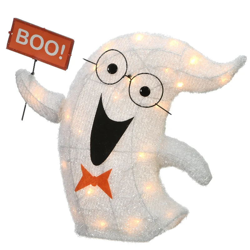 Christmas Holiday Countdown National Tree Company Pre-Lit White Ghost Holding BOO Sign Outdoor Decoration, LED Lights, Halloween Collection, 18 Inches