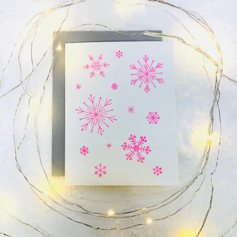 Christmas Jolly Spirit SNOWFLAKES HAND STAMPED CARD-Neon Pink Snowflakes